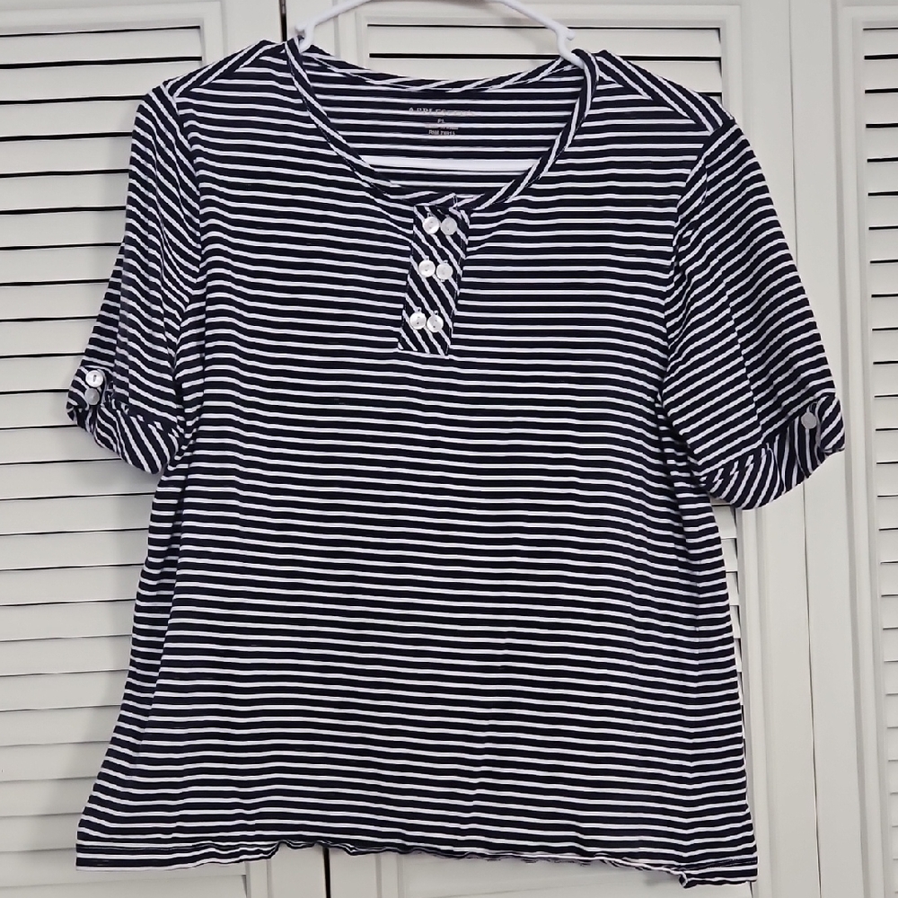 Classic Navy and White Striped Women's Top By Appleseed's In Petite Large (PL)